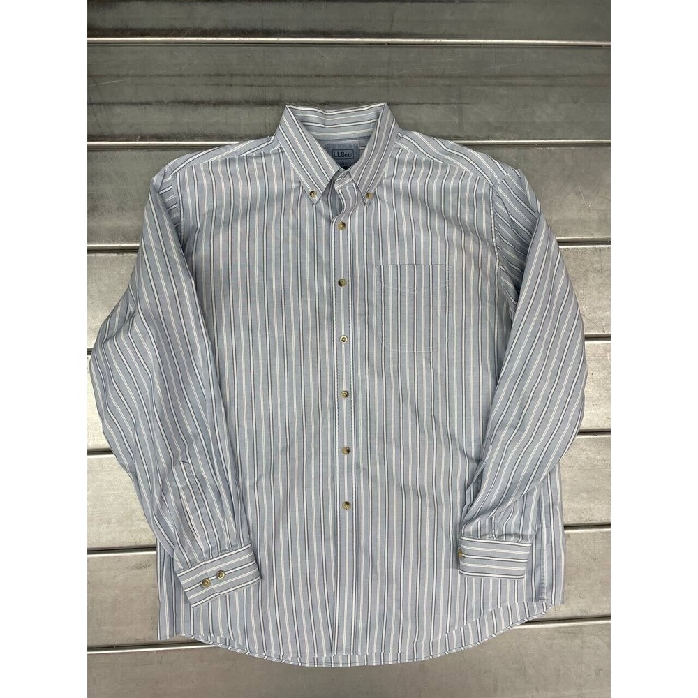 LL Bean Button Up Shirt Mens XL Blue White Trim Fit Casual‎ Long Sleeve